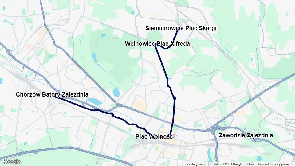 Katowice tram line T13: Siemianowice Plac Skargi - Chorzów Batory Zajezdnia route map