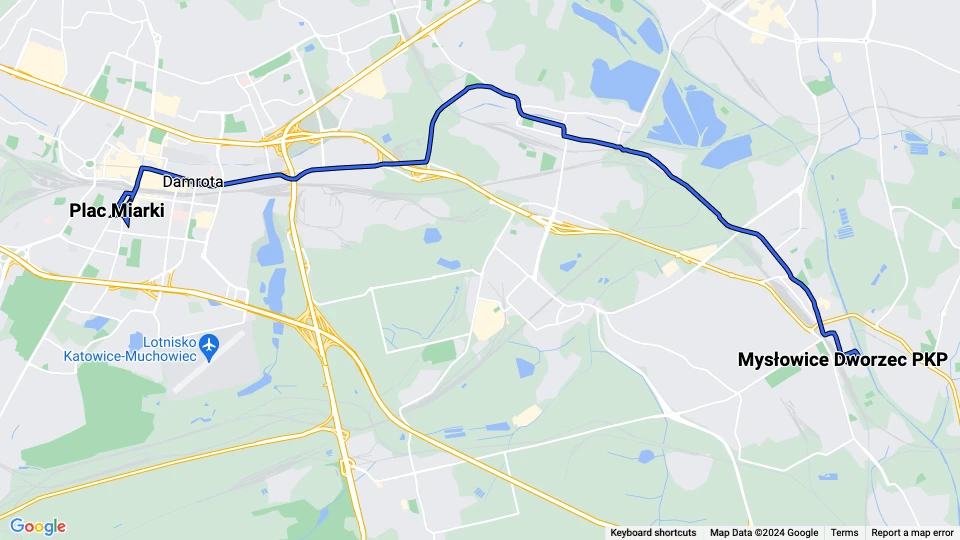 Katowice tram line T14: Plac Miarki - Mysłowice Dworzec PKP route map