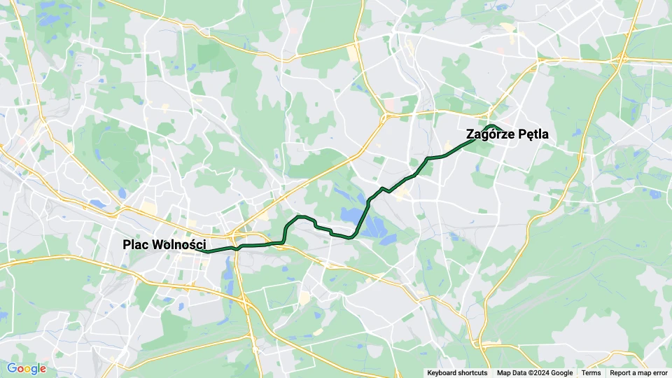 Katowice tram line T15: Zagórze Pętla - Plac Wolności route map