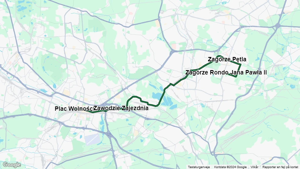 Katowice tram line T15: Zagórze Rondo Jana Pawła II - Plac Wolności route map