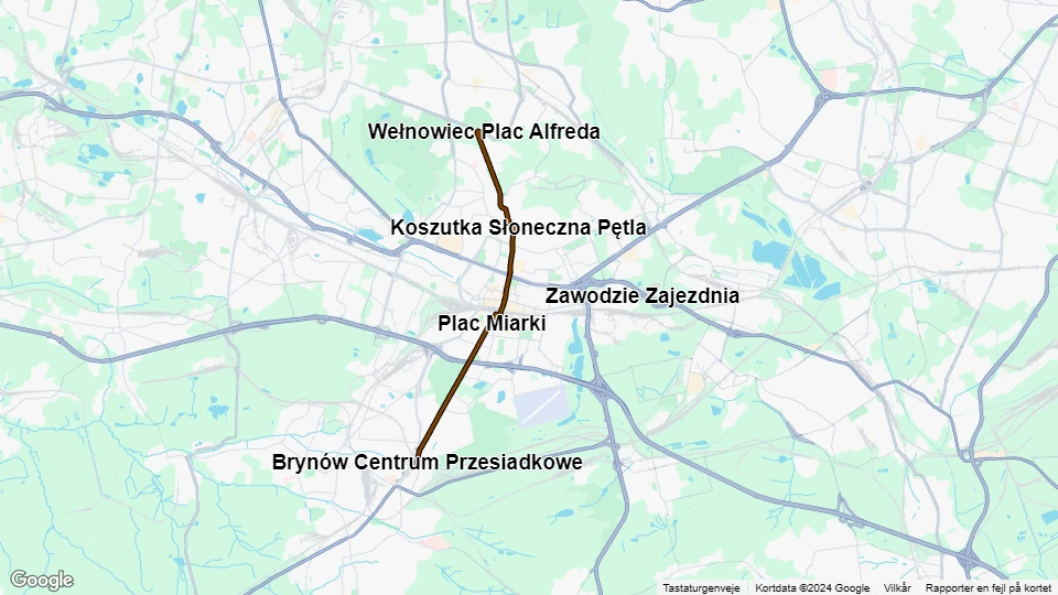 Katowice tram line T16: Brynów Centrum Przesiadkowe - Wełnowiec Plac Alfreda route map