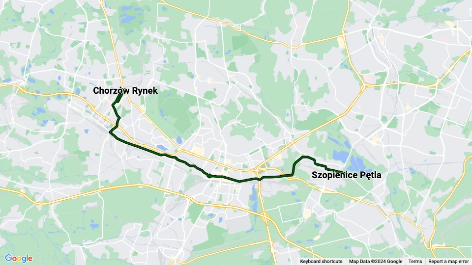 Katowice tram line T20: Chorzów Rynek - Szopienice Pętla route map