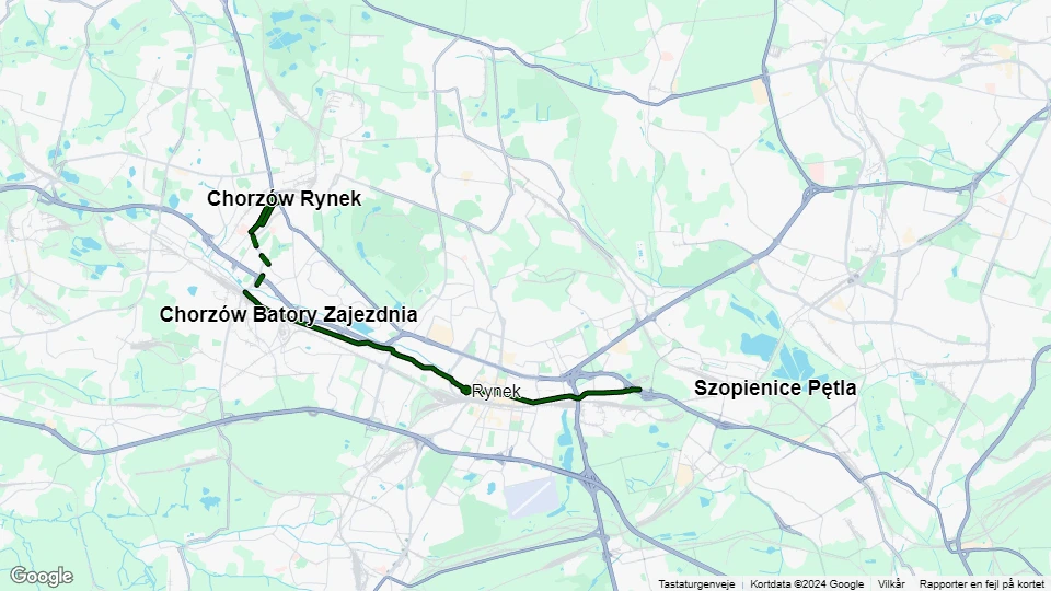 Katowice tram line T20: Chorzów Rynek - Zawodzie Zajezdnia route map