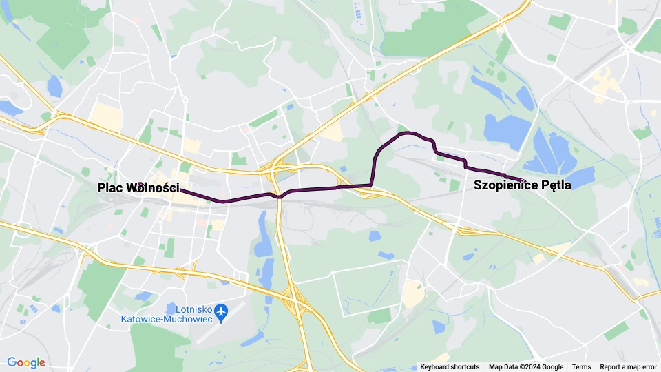 Katowice tram line T34: Plac Wolności - Szopienice Pętla route map