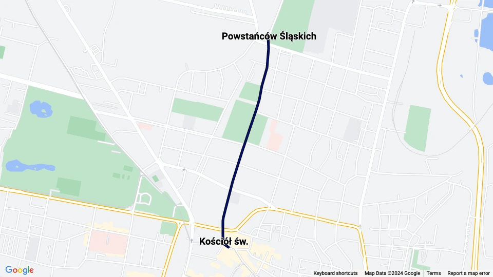 Katowice tram line T38: Kościół św. - Powstańców Śląskich route map