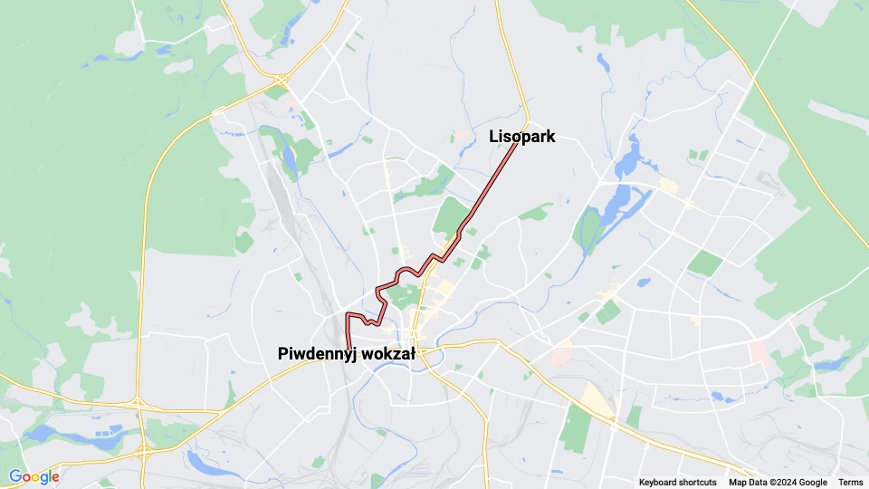Kharkiv tram line 12: Piwdennyj wokzał - Lisopark route map