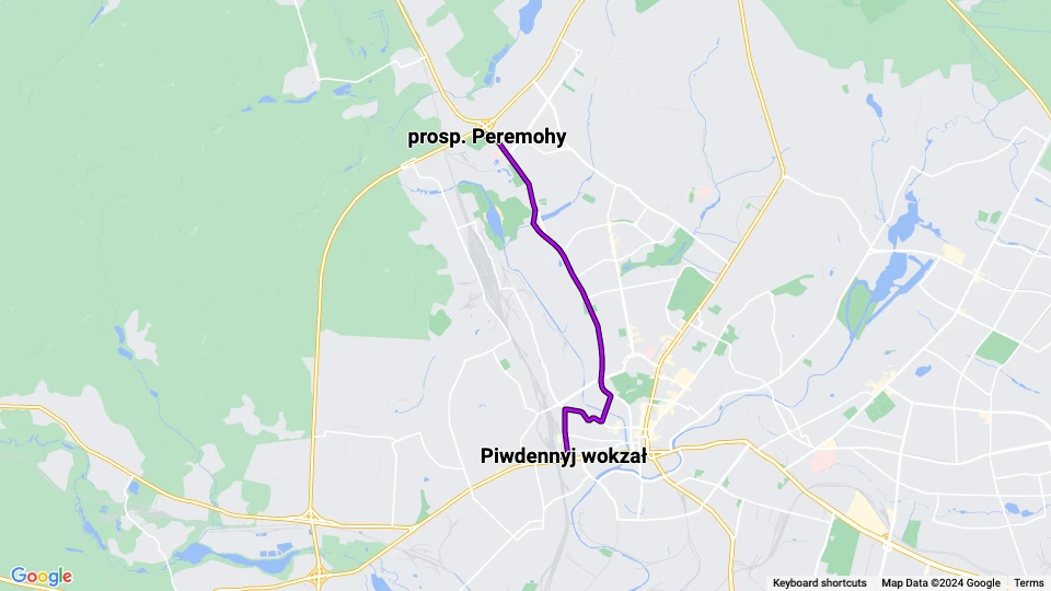 Kharkiv tram line 20: Piwdennyj wokzał - prosp. Peremohy route map