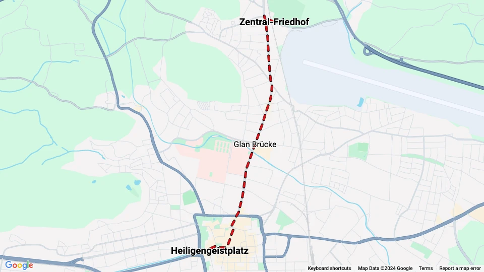 Klagenfurt tram line A: Heiligengeistplatz - Zentral-Friedhof route map