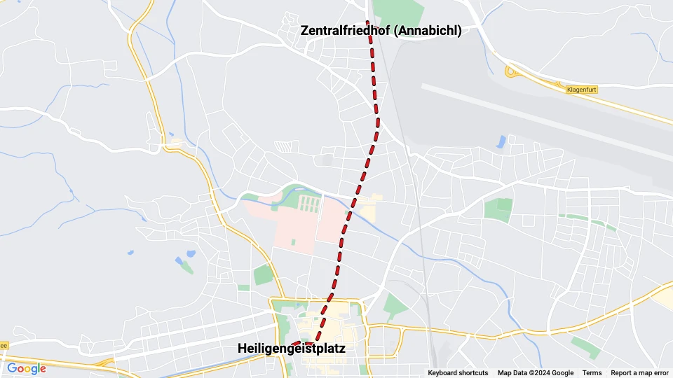 Klagenfurt tram line A: Heiligengeistplatz - Zentralfriedhof (Annabichl) route map