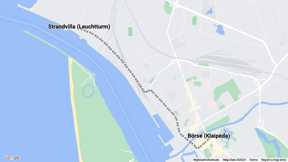 Klaipėda tram line 2: Börse (Klaipėda) - Strandvilla (Leuchtturm) route map