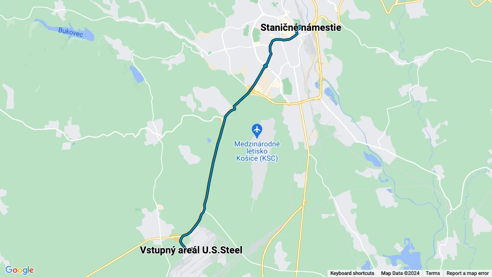 Košice extra line R1: Staničné námestie - Vstupný areál U.S.Steel route map
