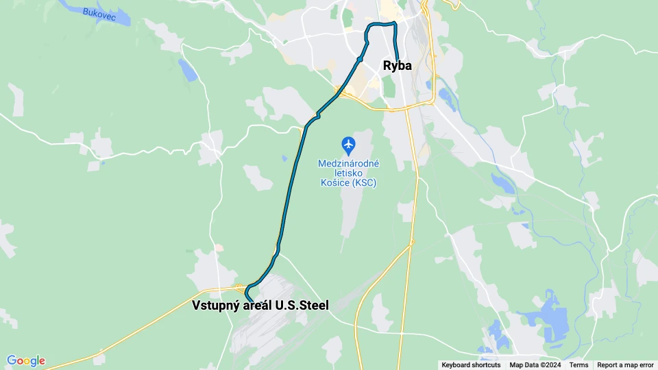 Košice extra line R5: Vstupný areál U.S.Steel - Ryba route map