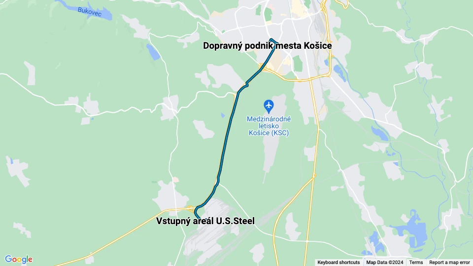 Košice extra line R6: Vstupný areál U.S.Steel - Dopravný podnik mesta Košice route map