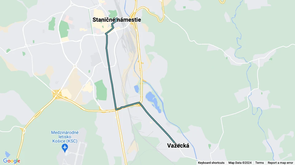 Košice tram line 3: Staničné námestie - Važecká route map