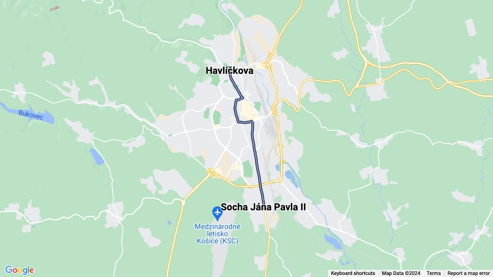 Košice tram line 4: Havlíčkova - Socha Jána Pavla II route map