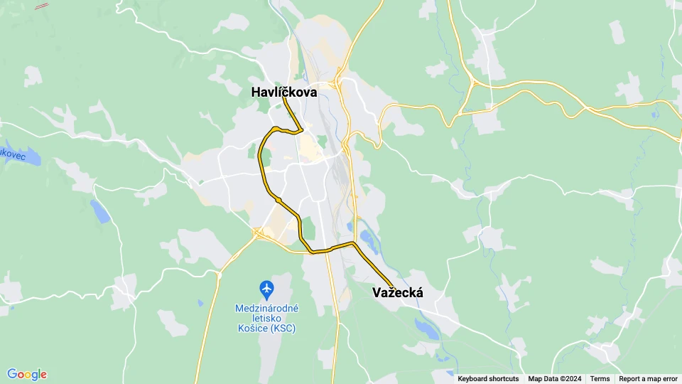 Košice tram line 9: Važecká - Havlíčkova route map