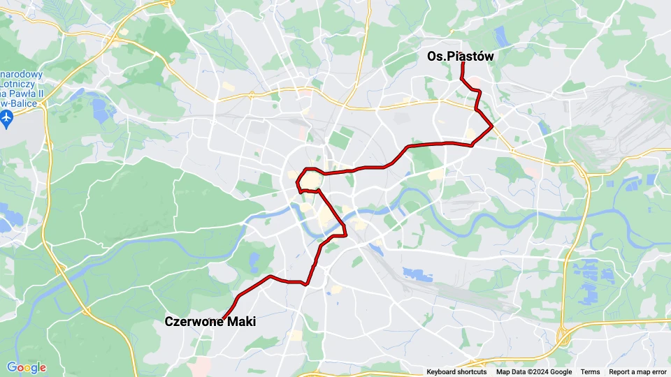 Kraków fast line 52: Czerwone Maki - Os.Piastów route map