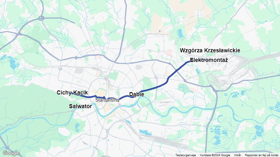 Kraków tram line 1: Cichy Kącik - Elektromontaż route map