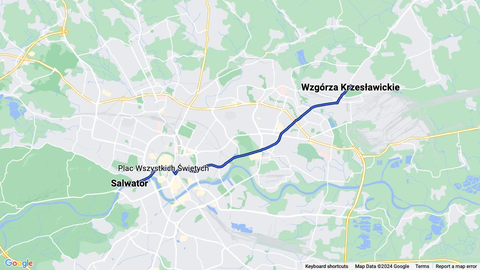 Kraków tram line 1: Salwator - Wzgórza Krzesławickie route map