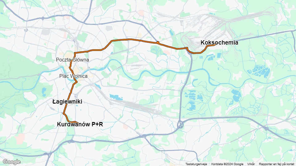 Kraków tram line 10: Koksochemia - Kurdwanów P+R route map