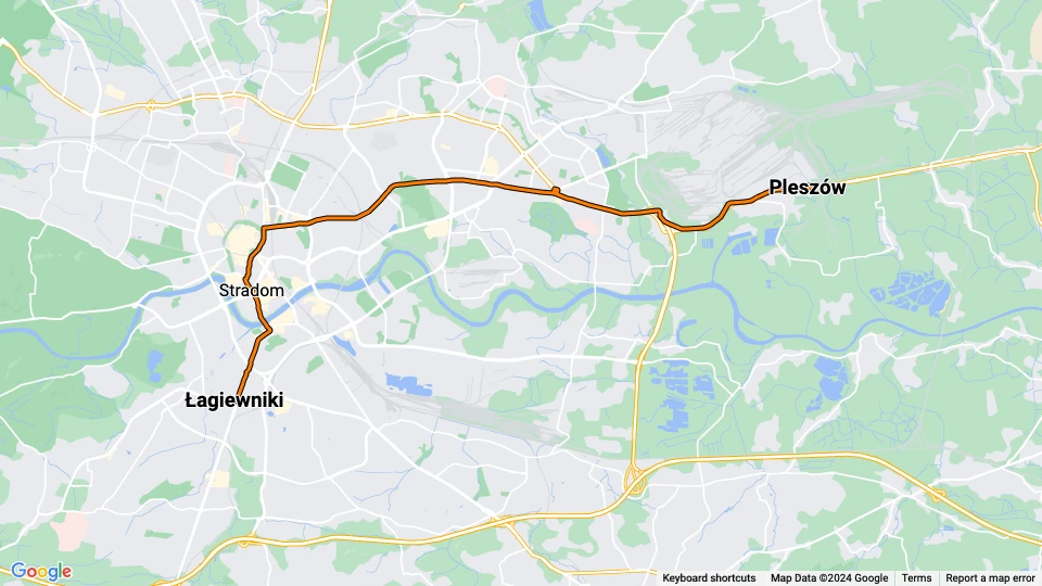 Kraków tram line 10: Pleszów - Łagiewniki route map