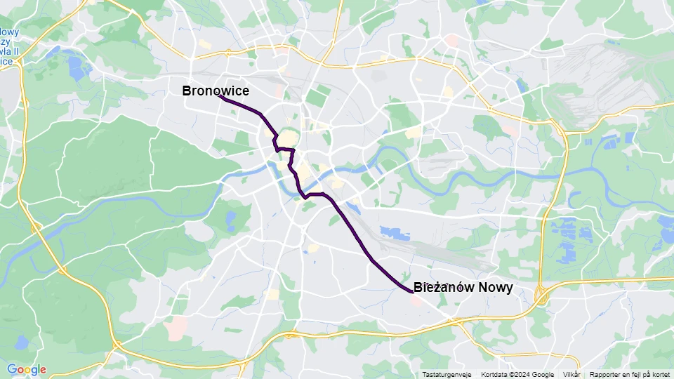 Kraków tram line 13: Bieżanów Nowy - Bronowice route map