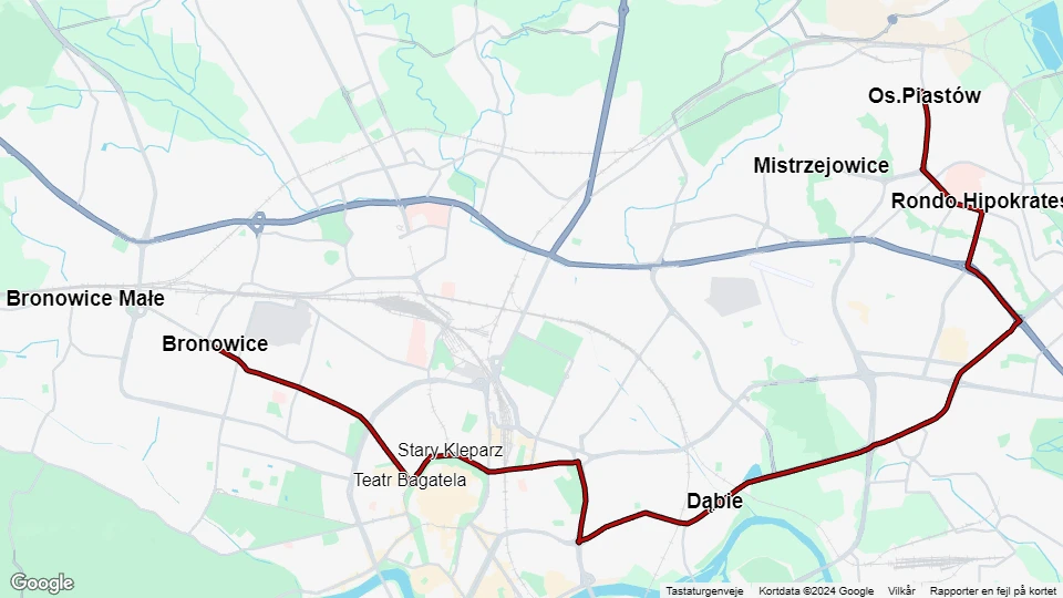 Kraków tram line 14: Bronowice - Os.Piastów route map