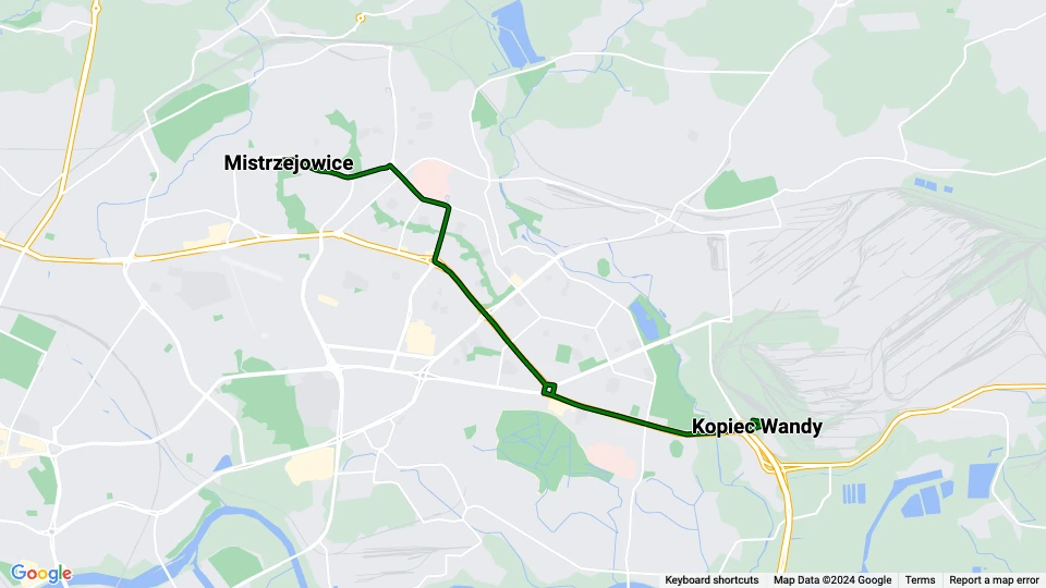 Kraków tram line 16: Mistrzejowice - Kopiec Wandy route map