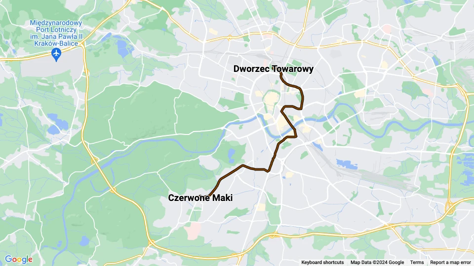 Kraków tram line 17: Dworzec Towarowy - Czerwone Maki route map