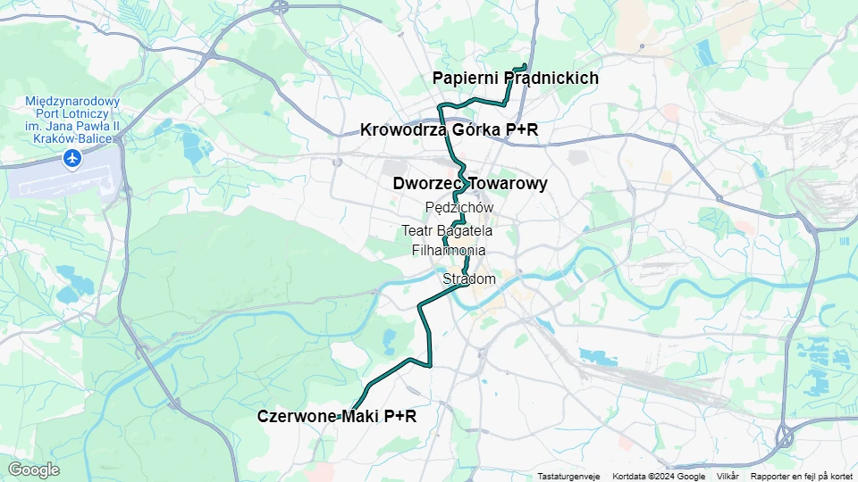 Kraków tram line 18: Górka Narodowa P+R - Czerwone Maki P+R route map