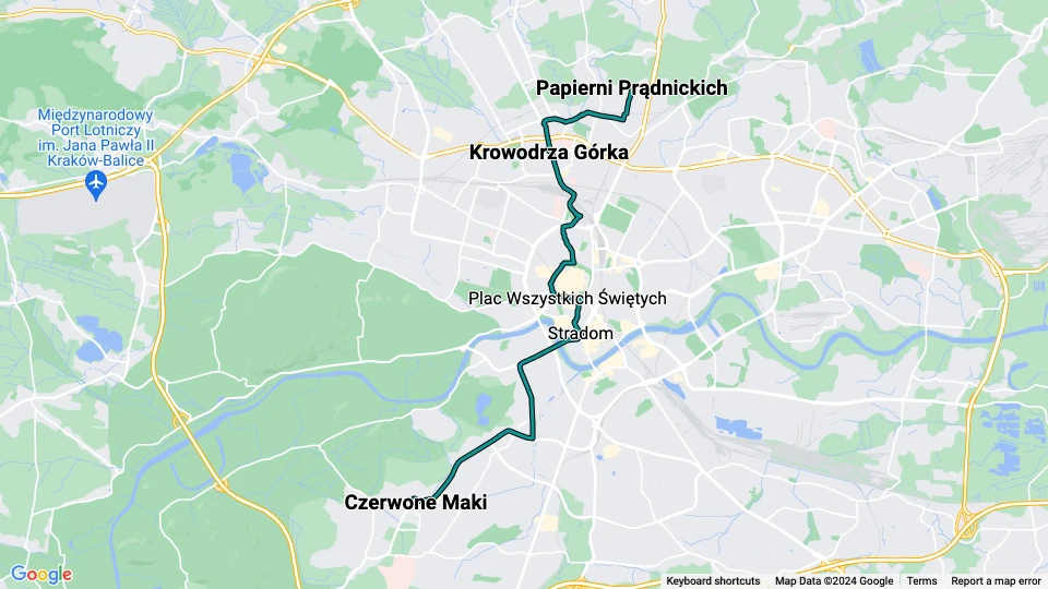 Kraków tram line 18: Papierni Prądnickich - Czerwone Maki route map