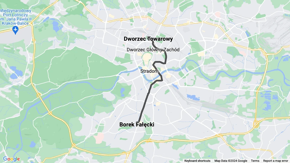 Kraków tram line 19: Dworzec Towarowy - Borek Fałęcki route map
