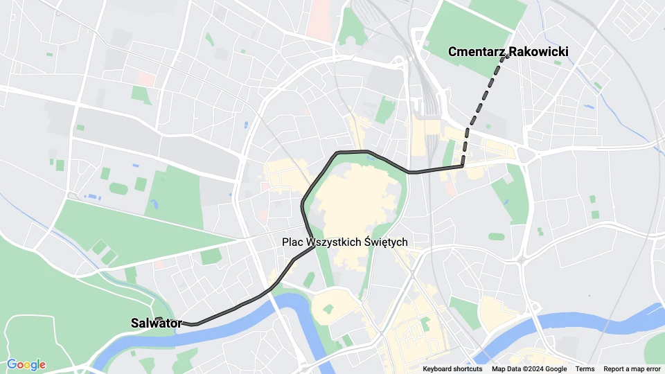 Kraków tram line 2: Salwator - Cmentarz Rakowicki route map