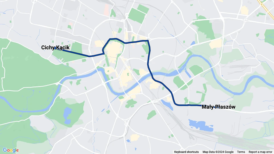 Kraków tram line 20: Cichy Kącik - Mały Płaszów route map
