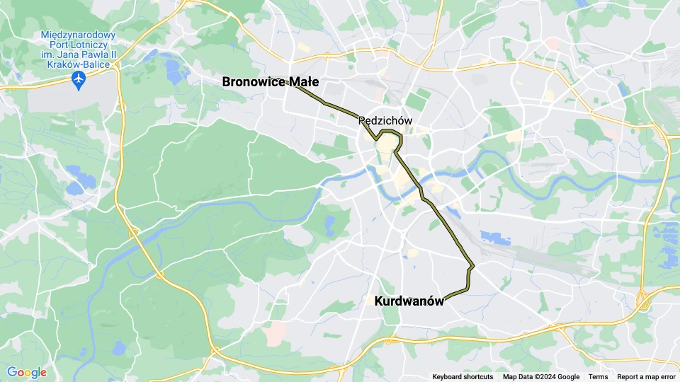 Kraków tram line 24: Kurdwanów - Bronowice Małe route map