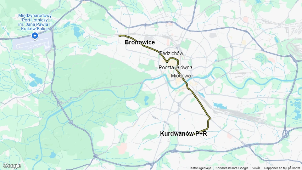 Kraków tram line 24: Kurdwanów P+R - Bronowice Małe route map