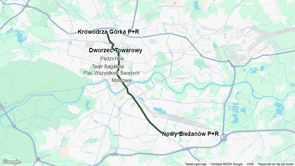 Kraków tram line 3: Krowodrza Górka P+R - Nowy Bieżanów P+R route map