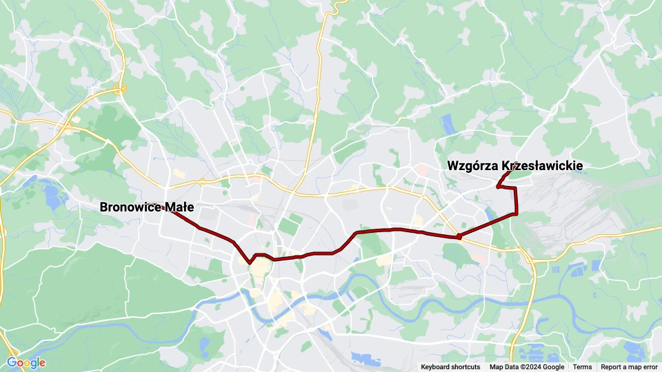 Kraków tram line 4: Wzgórza Krzesławickie - Bronowice Małe route map