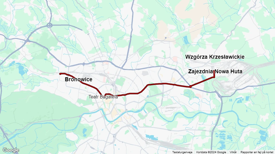 Kraków tram line 4: Zajezdnia Nowa Huta - Bronowice Małe route map