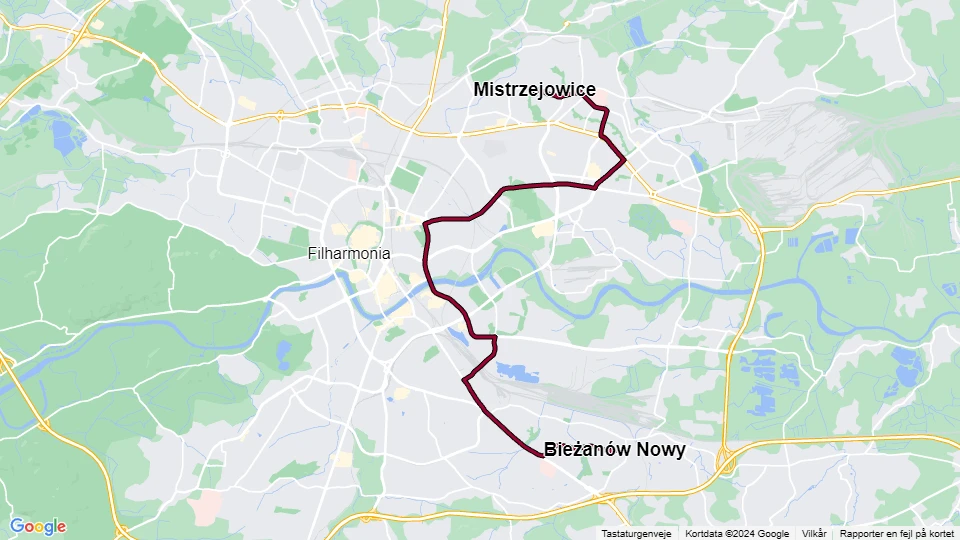 Kraków tram line 9: Bieżanów Nowy - Mistrzejowice route map