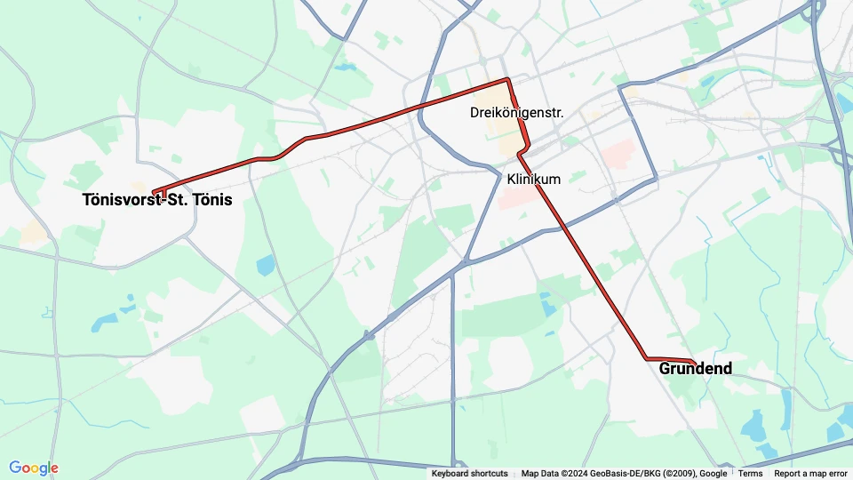 Krefeld tram line 041: Grundend - Tönisvorst-St. Tönis route map