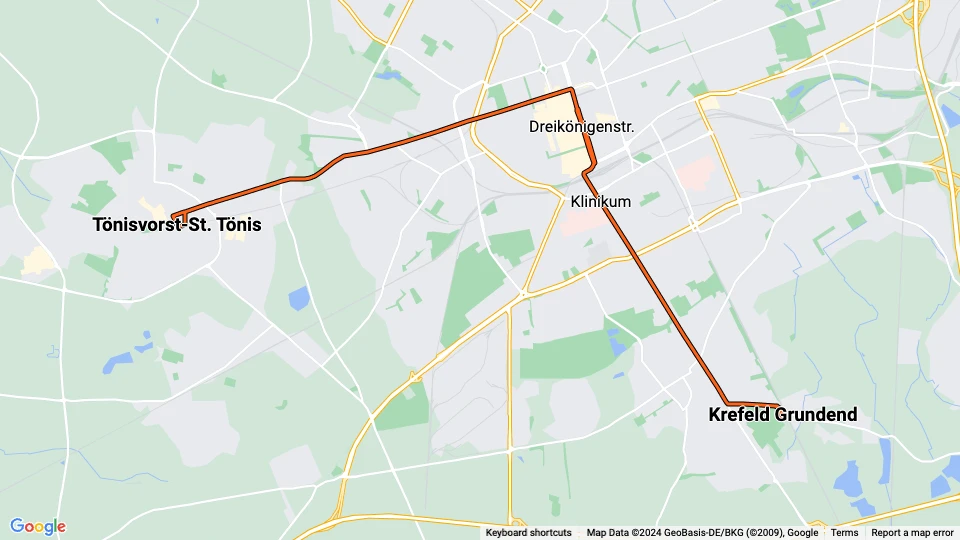 Krefeld tram line 041: Krefeld Grundend - Tönisvorst-St. Tönis route map