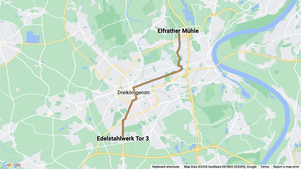Krefeld tram line 042: Elfrather Mühle - Edelstahlwerk Tor 3 route map