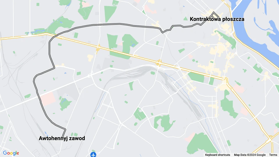 Kyiv tram line 14: Kontraktowa płoszcza - Awtohennyj zawod route map