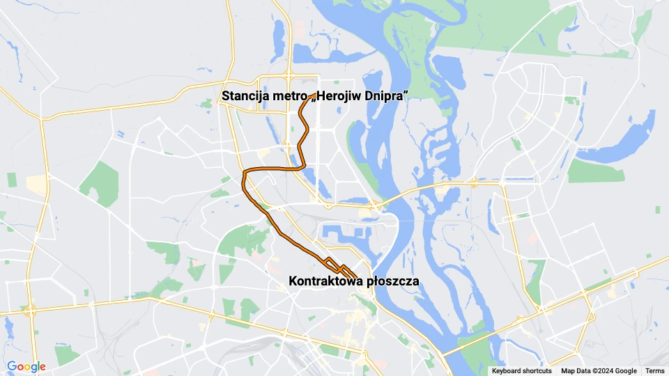 Kyiv tram line 16: Kontraktowa płoszcza - Stancija metro „Herojiw Dnipra” route map