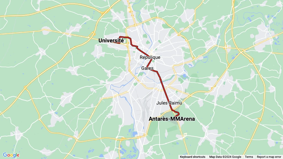Le Mans tram line T1: Université - Antarès-MMArena route map