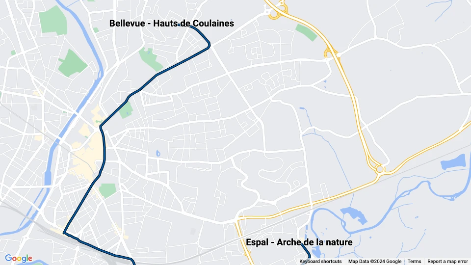 Le Mans tram line T2: Espal - Arche de la nature - Bellevue - Hauts de Coulaines route map