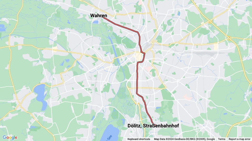 Leipzig extra line 11E: Wahren - Dölitz, Straßenbahnhof route map