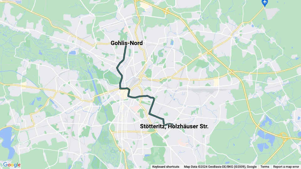 Leipzig extra line 20: Gohlis-Nord - Stötteritz, Holzhäuser Str. route map