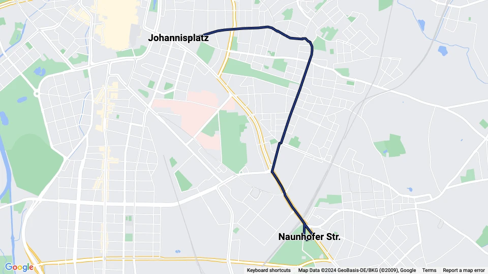 Leipzig extra line 4E: Johannisplatz - Naunhofer Str. route map